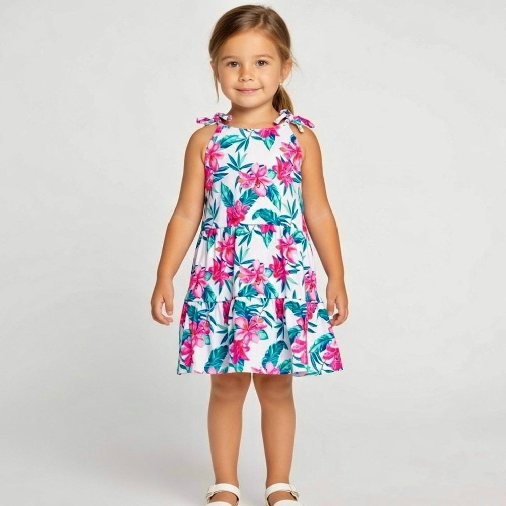 TOMMY BAHAMA Girls Pink & Green Tropical Print Sundress Bows Size 3T EUC #130